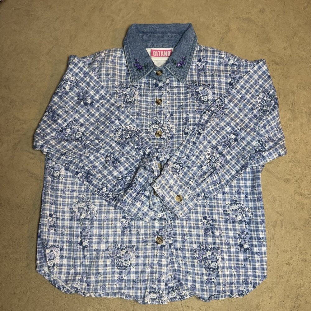 Vintage Gitano Girls Shirt Size 6 Plaid Floral Denim Collar Embroidered 90s